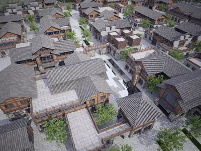 Traditional Homestay Buildings With Tile Roofs Wooden Structures Trees And Stone Paths 3d model