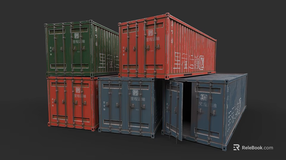 Colorful Stacked Container Building With Green Red Blue Containers And Open Door 3d model 