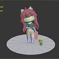Cute Child Cartoon Character With Red Hair Cat Ears Pink Shorts And Red Cube