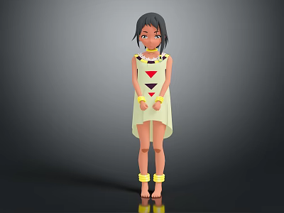 3D Female Character Barefoot In Red Triangle Dress With Yellow Collar Bracelets On Gray Background 3d model