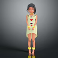 3D Female Character Barefoot In Red Triangle Dress With Yellow Collar Bracelets On Gray Background