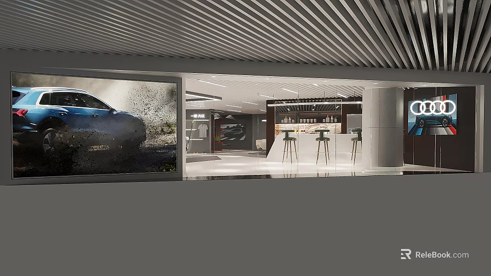 Modern Car Showroom With Glass Facade Bar Counter And Car 3d model 