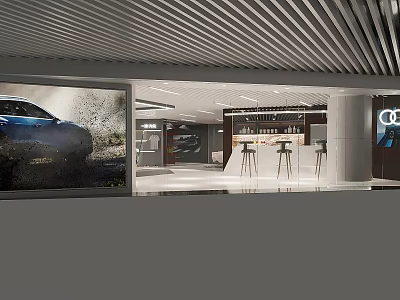 Modern Car Showroom With Glass Facade Bar Counter And Car 3d model