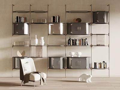 Modern Metal Frame Shelving Unit With Mixed Material Storage Compartments White Chair And Figurine 3d model