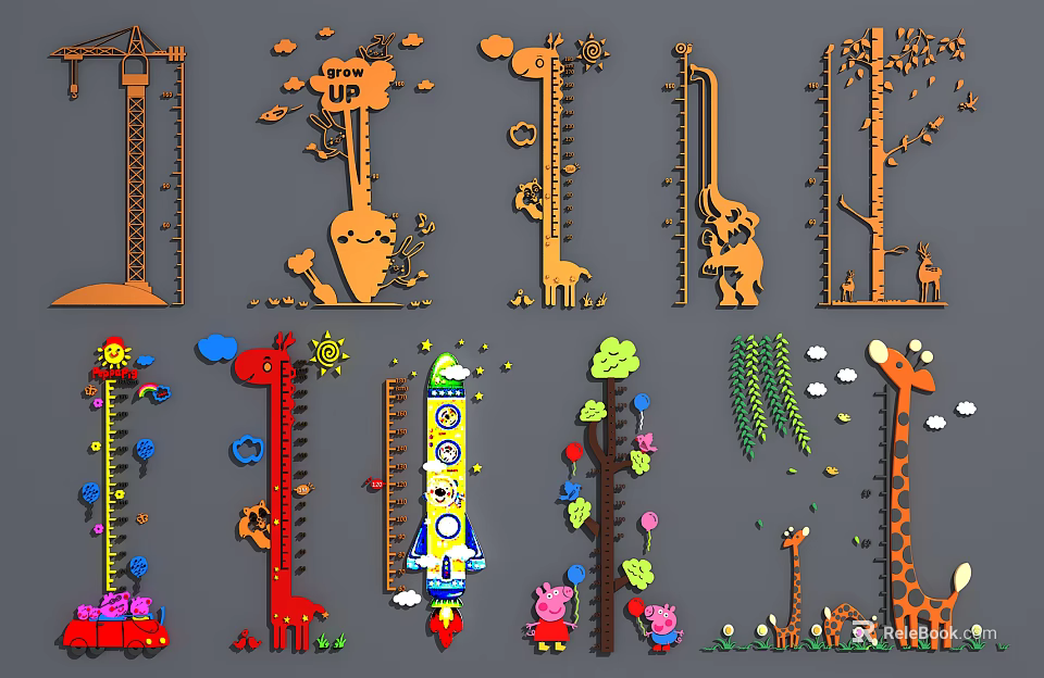 Colorful Cartoon Kids Room Wall Decor With Animal Shapes Rocket Tree And Characters 3d model 