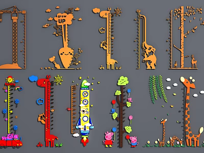 Colorful Cartoon Kids Room Wall Decor With Animal Shapes Rocket Tree And Characters 3d model