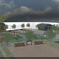 Park Landscape Featuring Lotus Pond Willow Trees Benches and Traditional Buildings