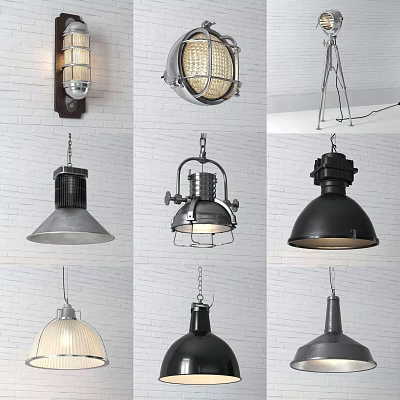 Various Designed Pendant Lights with Industrial Style and Metal Materials on White Brick Wall 3d model