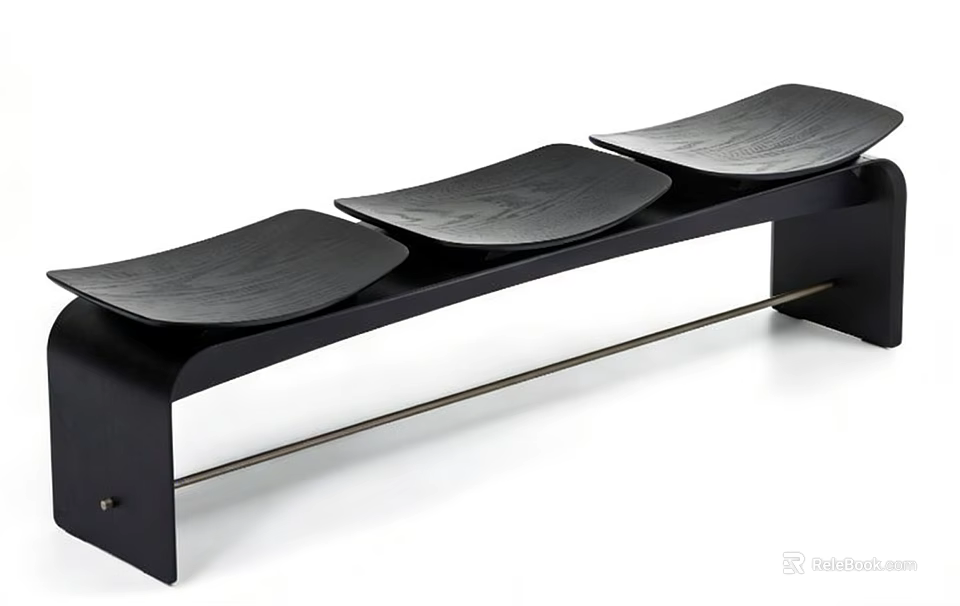 Three Black Curved Stools With Black Frame And Central Metal Rod 3d model 