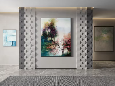 Elegant Landscape Painting In Modern Interior With Colorful Trees And Decorative Walls 3d model