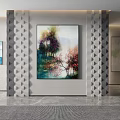 Elegant Landscape Painting In Modern Interior With Colorful Trees And Decorative Walls