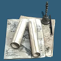 Ancient Scrolls With Handwritten Text And Drawings On Aged Paper And Vintage Inkwell