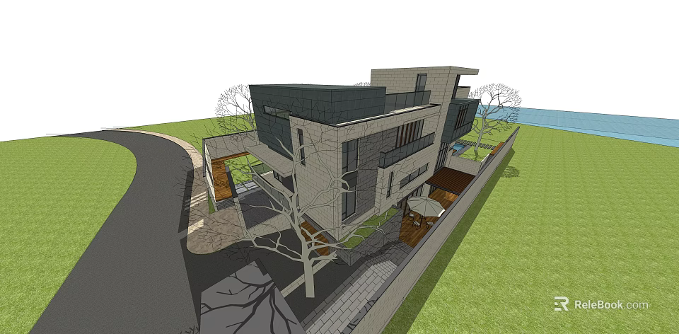 Modern Detached Villa With Large Glass Windows Flat Roof Lawn And Curved Driveway 3d model 