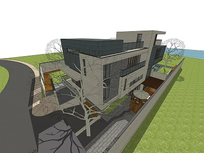 Modern Detached Villa With Large Glass Windows Flat Roof Lawn And Curved Driveway 3d model