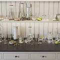 Modern Kitchen Shelves With Various Cups Glass Bottles Pitchers And Lemon Slices Olives