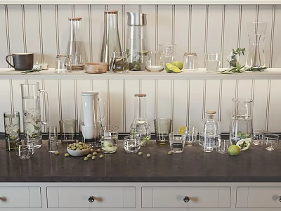 Modern Kitchen Shelves With Various Cups Glass Bottles Pitchers And Lemon Slices Olives 3d model