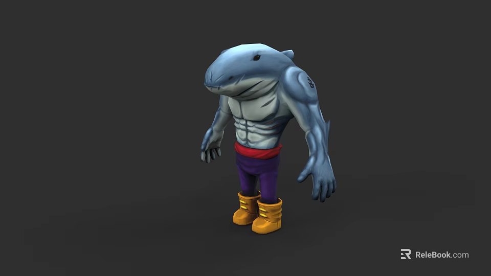 Muscular Shark Character With Purple Pants And Yellow Boots 3D Model Design 3d model 