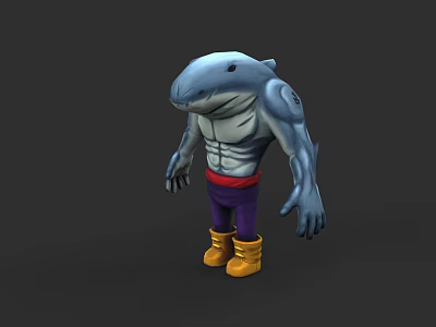 Muscular Shark Character With Purple Pants And Yellow Boots 3D Model Design 3d model