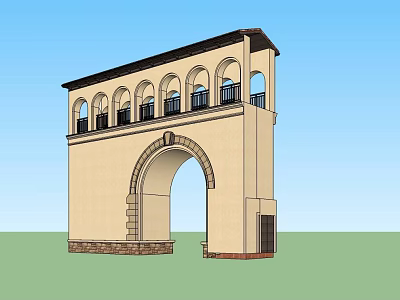 Classical Entrance Gate With Arched Design Beige Exterior Stone Base And Upper Arched Windows 3d model