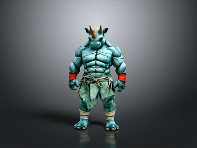 Muscular Rhino Character With Green Skin Horns Red Wristbands And Wrapped Legs 3d model