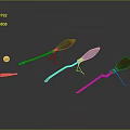 Colorful Brooms With Assorted Handle Colors Orange Ball And Small Tool