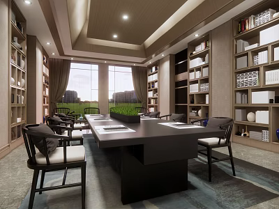 Elegant Club Meeting Room With Large Wooden Table Built in Bookshelves And Green Outdoor View 3d model