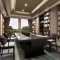 Elegant Club Meeting Room With Large Wooden Table Built in Bookshelves And Green Outdoor View