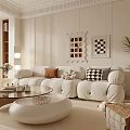 Modern White Living Room Interior With Sofa Coffee Table Potted Plant And Decorative Paintings