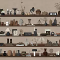 Stylish Decorative Ornament Combinations on Shelves Featuring Vases Candle Holders Sculptures and Plant Decor