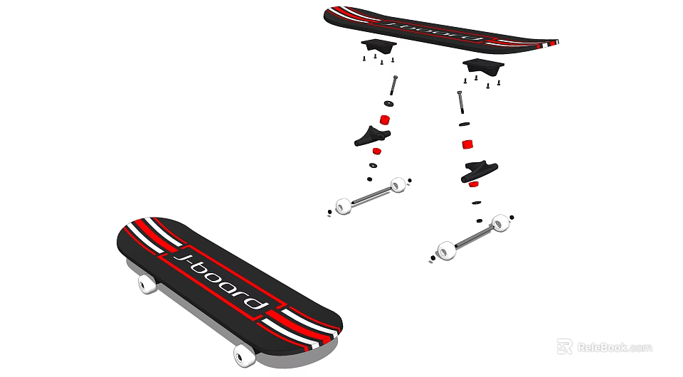 Skateboard Sports Equipment 1board With Red And Black Stripes Deck Wheels And Trucks 3d model 