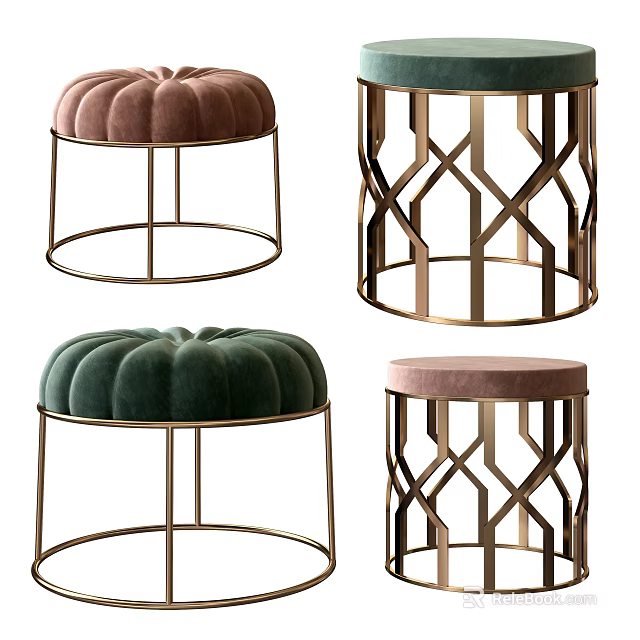 Modern Velvet Sofa Stools With Geometric Metal Frame And Colorful Upholstery 3d model 