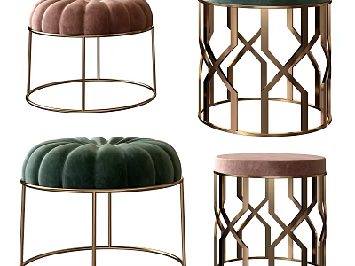 Modern Velvet Sofa Stools With Geometric Metal Frame And Colorful Upholstery 3d model