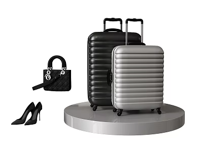 Stylish Black And Silver Striped Suitcases With Black Handbag And High Heels On Display Stand 3d model