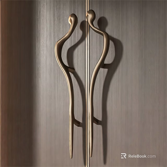 Elegant Curved Golden Door Handle Design On Wooden Panel Surface 3d model 