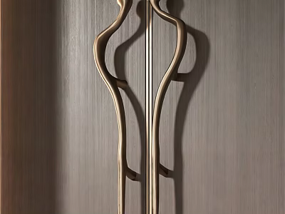 Elegant Curved Golden Door Handle Design On Wooden Panel Surface 3d model