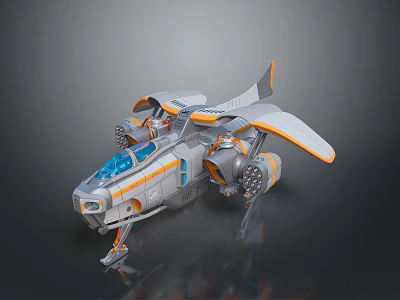 Futuristic Sci-Fi Aircraft Design With Gray Orange Body Wings Transparent Blue Cockpit And Wheels 3d model