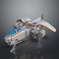 Futuristic Sci-Fi Aircraft Design With Gray Orange Body Wings Transparent Blue Cockpit And Wheels
