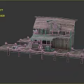 Weathered Rustic Wooden Cabin Exterior With Pier Deck Barrels And Lantern