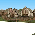 Row of Rustic Cottage Buildings with Thatched Roofs and Wooden Facades in Green Village