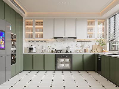 Modern Green And White Kitchen Interior With Marble Countertops Stainless Steel Appliances And Checkered Tiles 3d model