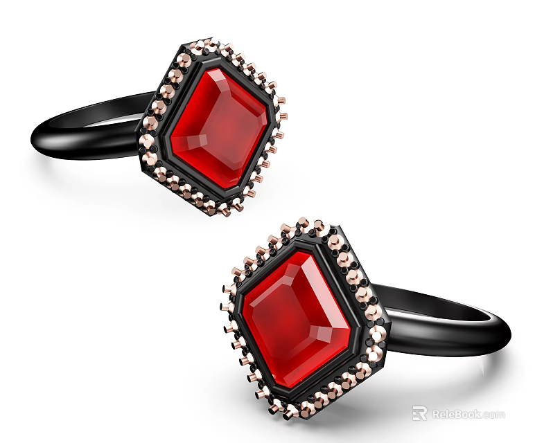 Elegant Square Red Gemstone Rings With Black Band And Decorative Stones 3d model 