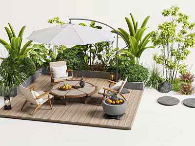 Courtyard Garden Featuring Wooden Deck White Umbrella Wicker Chairs Coffee Table Green Plants Fire Pit 3d model
