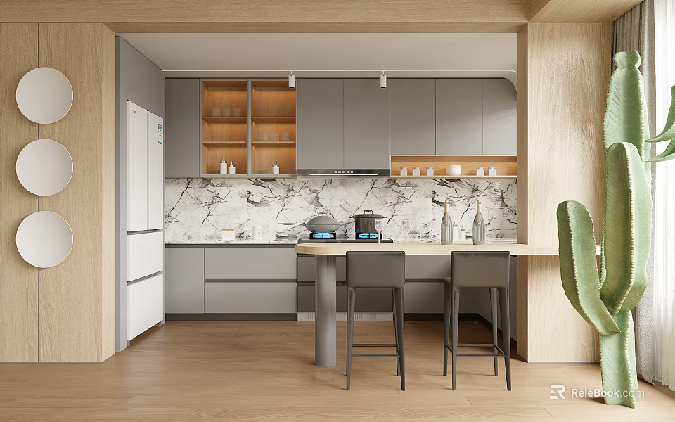 Modern Kitchen Interior Design With Gray Cabinets Marble Backsplash And Island Counter 3d model 