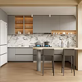 Modern Kitchen Interior Design With Gray Cabinets Marble Backsplash And Island Counter