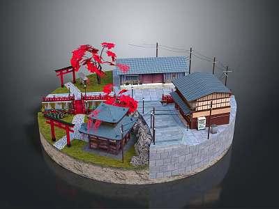 Cartoon Japanese Village Scene With Traditional Houses Red Maple Leaves And Stone Steps 3d model