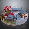 Cartoon Japanese Village Scene With Traditional Houses Red Maple Leaves And Stone Steps