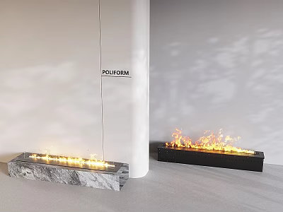 Modern Fireplace Design Featuring Marble And Black Surfaces With Burning Flames 3d model