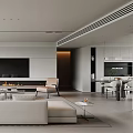 Modern Living Dining Room Interior With White Sofa TV Wall Fireplace And Beige Chair