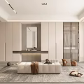 Modern Walk-in Closet Interior Design With White Cabinets Mirror Bench And Soft Rug