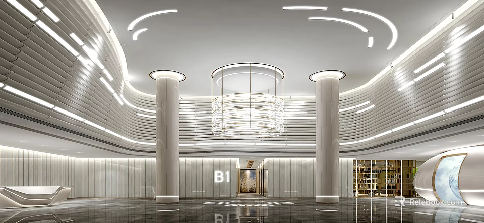 Elegant Modern Hotel Lobby Interior With Chandelier White Columns And Ceiling Lighting 3d model 
